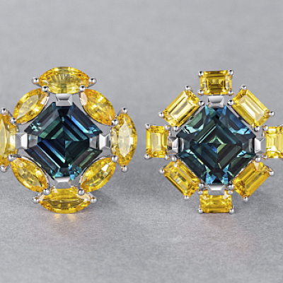 Earrings with teal sapphires, yellow sapphires, and diamonds