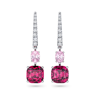 Earrings with spinels, rhodolite garnets, and diamonds