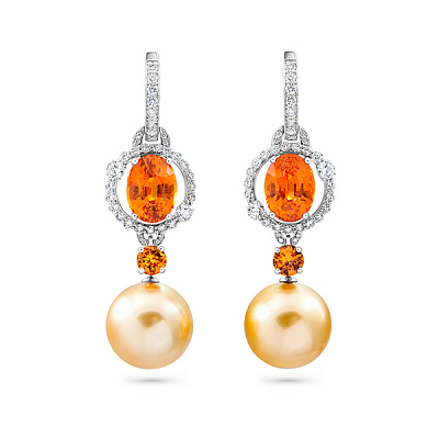 Earrings with golden South Sea pearls, spessartite garnets, and diamonds