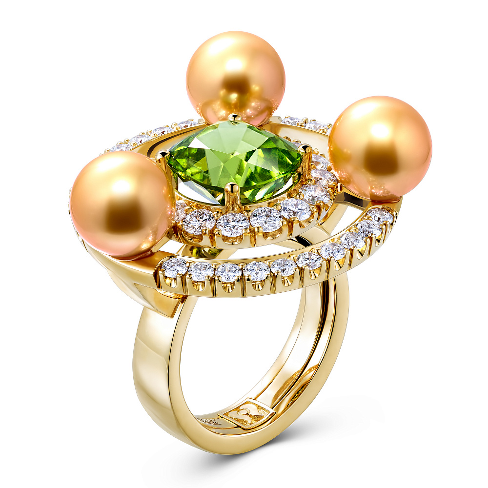 Ring with golden South Sea pearls, peridot, and diamonds картинка 2