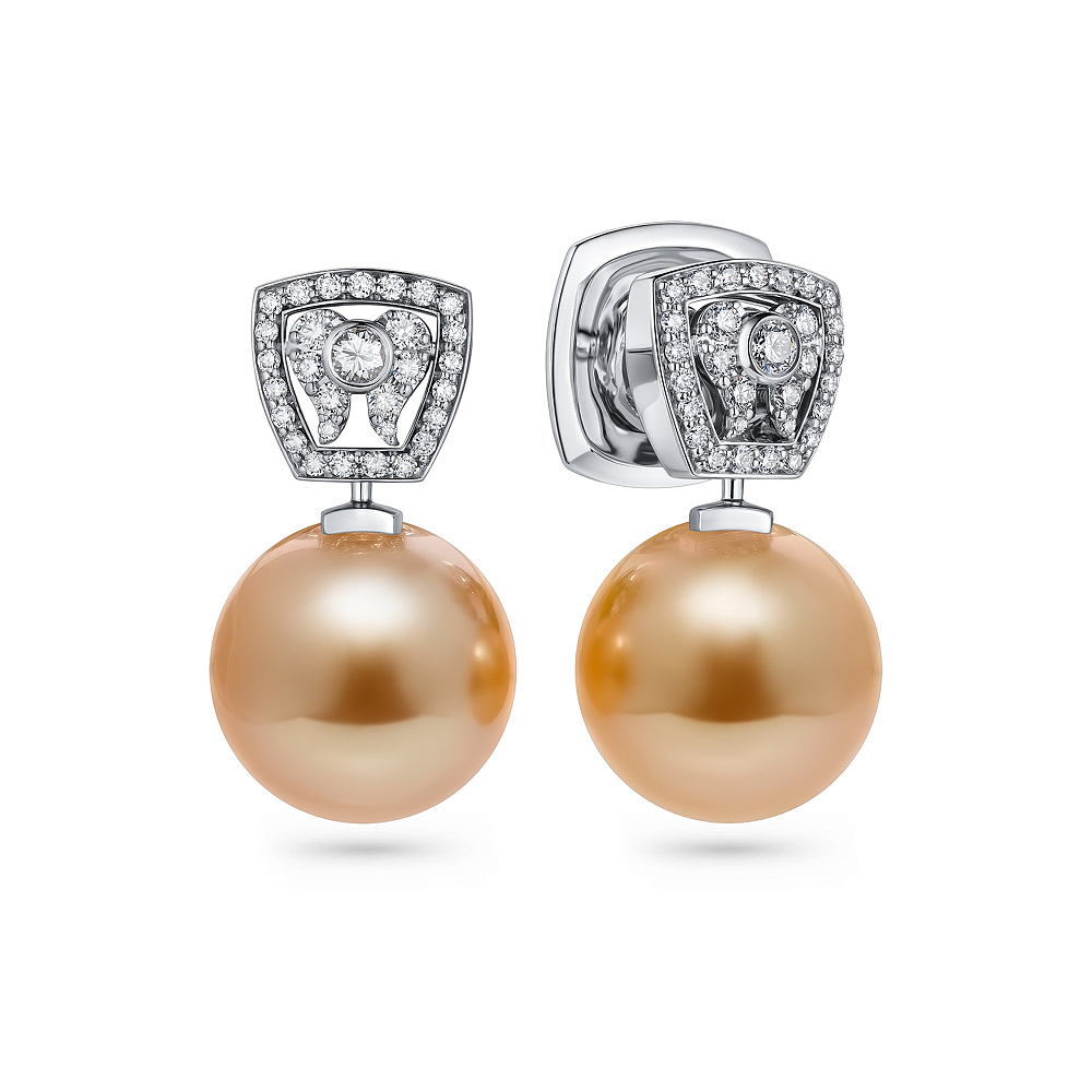 Earrings with golden South Sea pearls and diamonds картинка 2