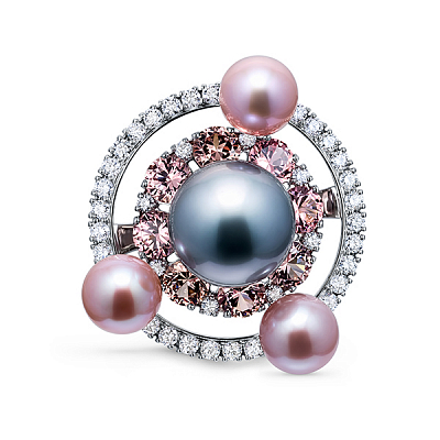 Ring with Tahitian pearl, freshwater pearl, malaya garnets, and diamonds