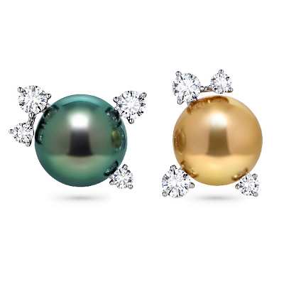 Stud earrings with golden South Sea pearls, Tahitian pearls, and diamonds