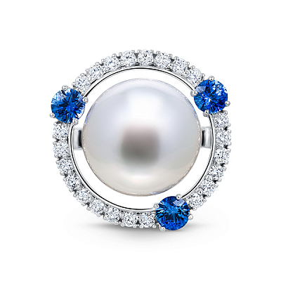 Ring with South Sea pearl, blue sapphires, and diamonds