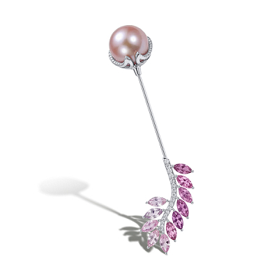 Pin with pink sapphires, freshwater pearl and diamonds