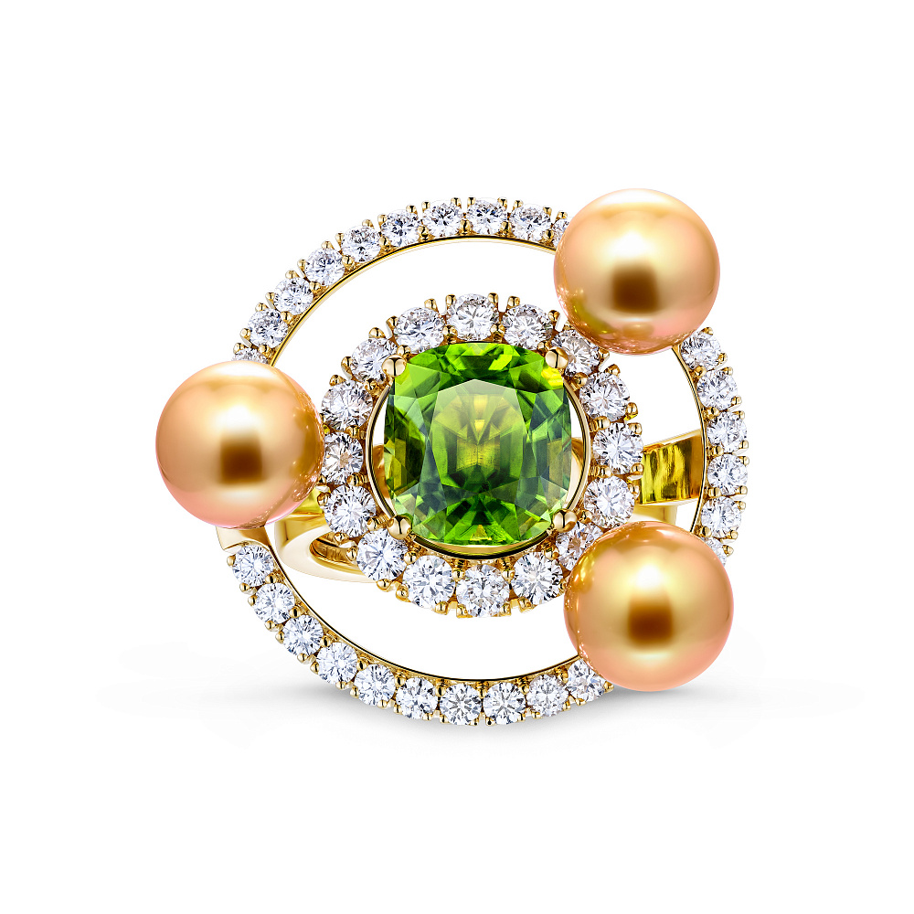 Ring with golden South Sea pearl, peridot, and diamonds картинка 1