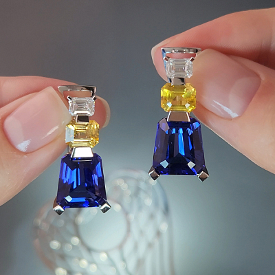 Earrings with a yellow sapphire, tanzanite, and diamonds