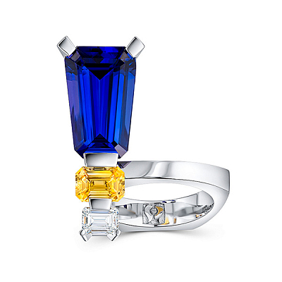 Ring with a yellow sapphire, tanzanite, and diamond