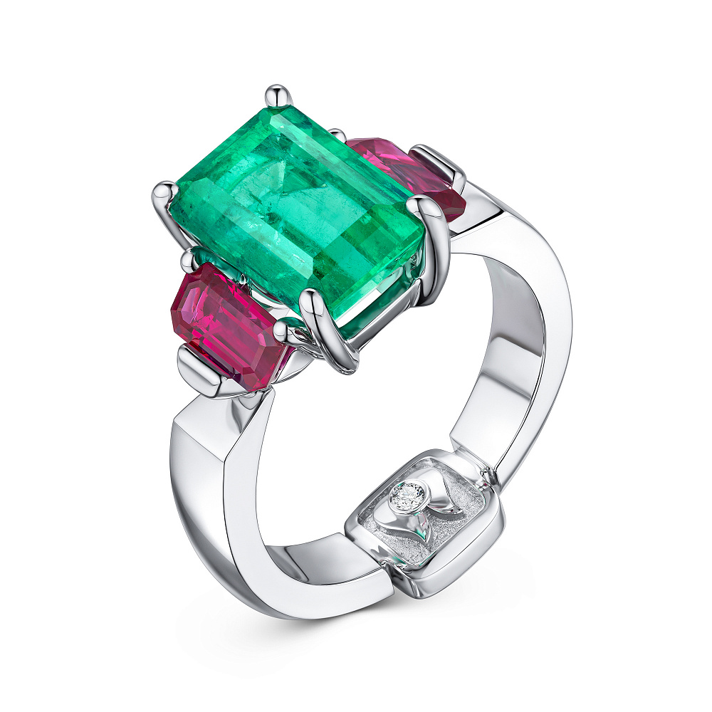 Ring with emerald, rubies, and diamonds картинка 2