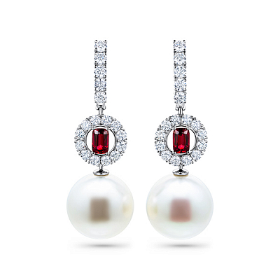 Earrings with South Sea pearls, spinel, and diamonds