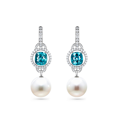 Earrings with South Sea pearls, Cambodian zircons, and diamonds