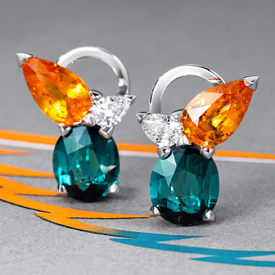 Earrings with indigolites, spessartines and diamonds