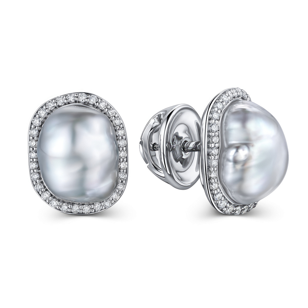 Stud earrings with South Sea keshi pearls and diamonds картинка 2