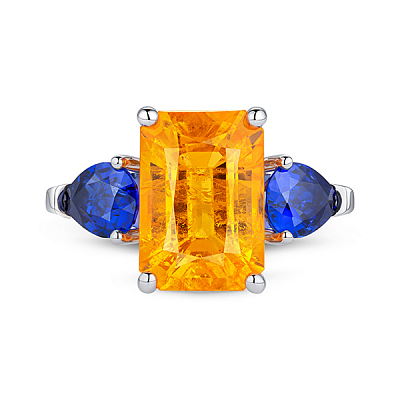 Ring with spessartines, sapphires, and diamonds