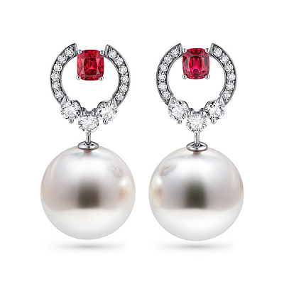 Earrings with South Sea pearls, spinel, and diamonds