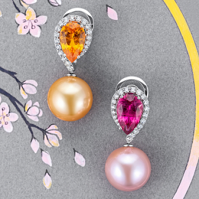 Earrings with spessartine, rubellite, diamonds, freshwater pearls and South Seas gold pearls