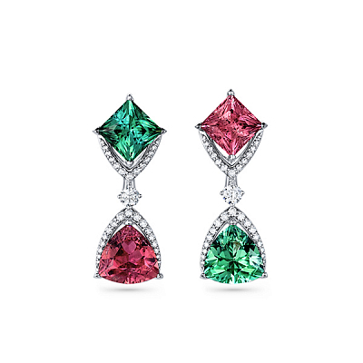  Earrings with red and green tourmalines and diamonds