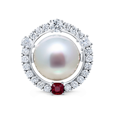 Ring with South Sea pearl, spinel, and diamonds