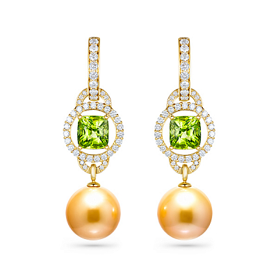 Earrings with golden South Sea pearls, peridots, and diamonds