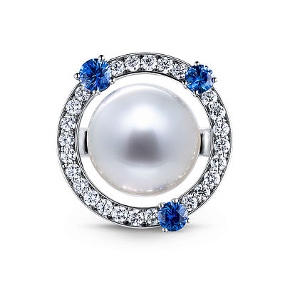 Ring with South Sea pearl, blue sapphires, and diamonds