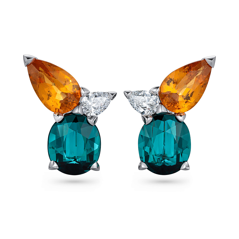 Earrings with indigolites, spessartines and diamonds картинка 1