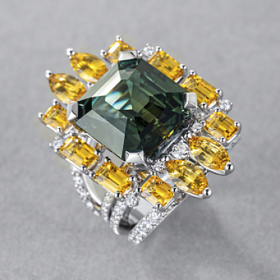 Ring with teal sapphires, yellow sapphires, and diamonds