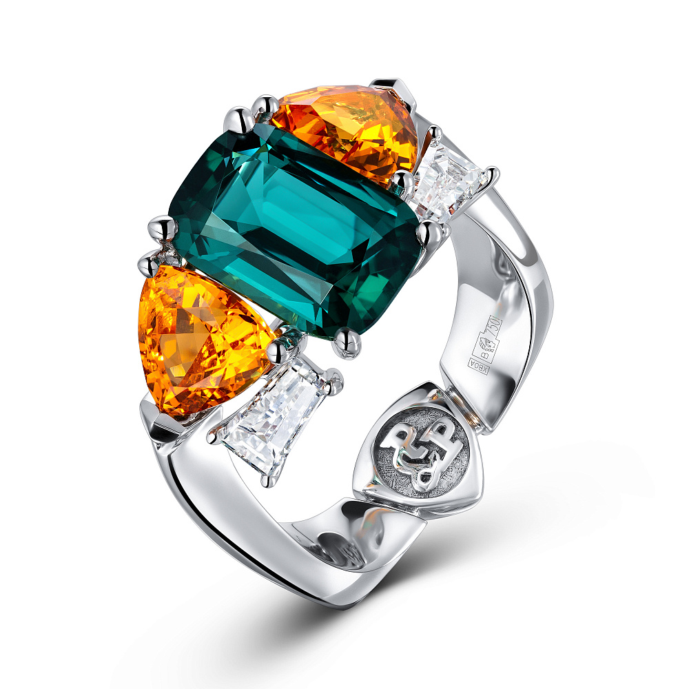 Ring with indigolite, spessartines and diamonds картинка 1