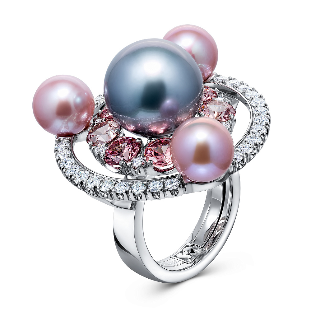Ring with Tahitian pearl, freshwater pearls, malaya garnets, and diamonds картинка 2