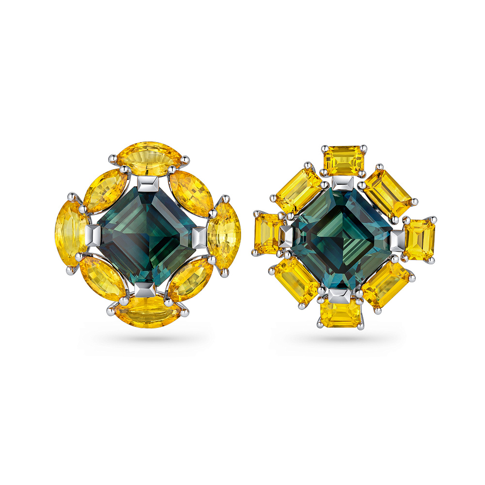 Earrings with teal sapphires, yellow sapphires, and diamonds картинка 1