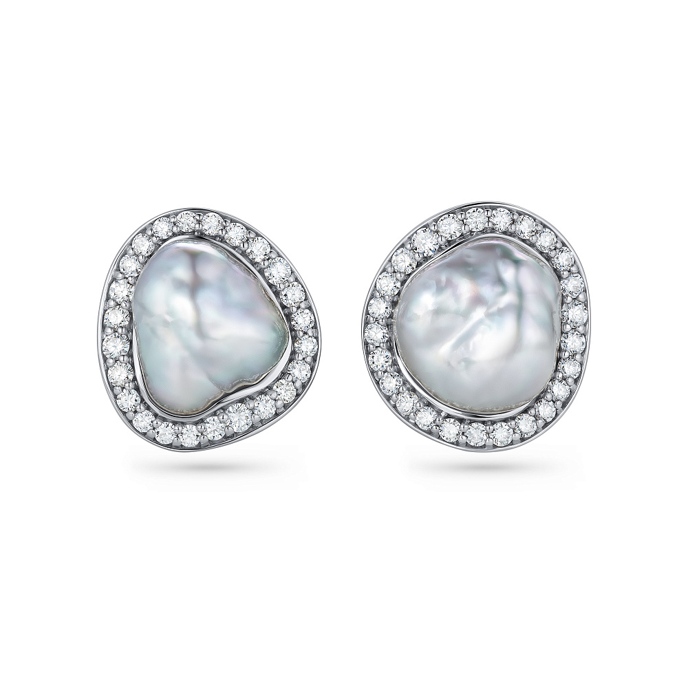 Stud earrings with South Sea keshi pearls and diamonds картинка 1