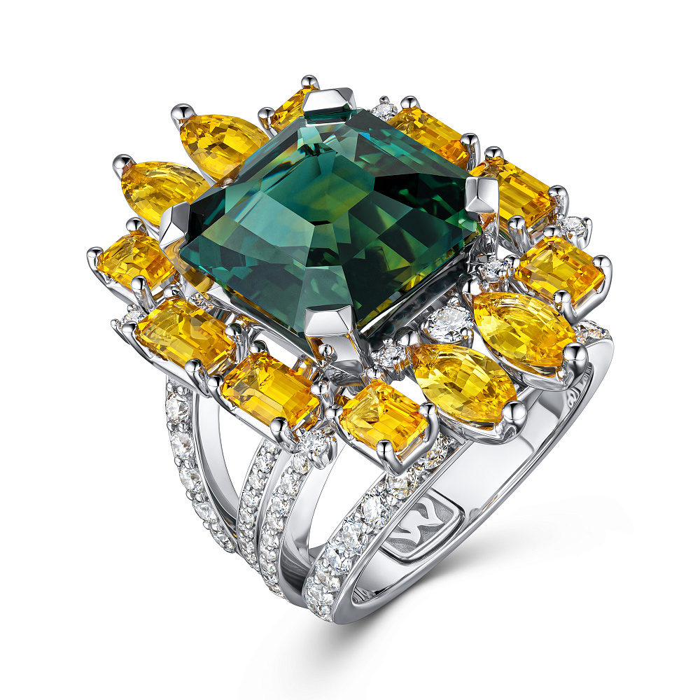 Ring with teal sapphires, yellow sapphires, and diamonds картинка 1