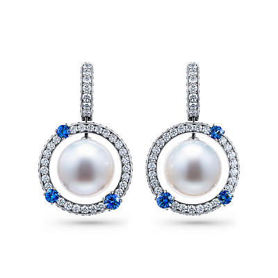 Earrings with South Sea pearls, blue sapphires, and diamonds