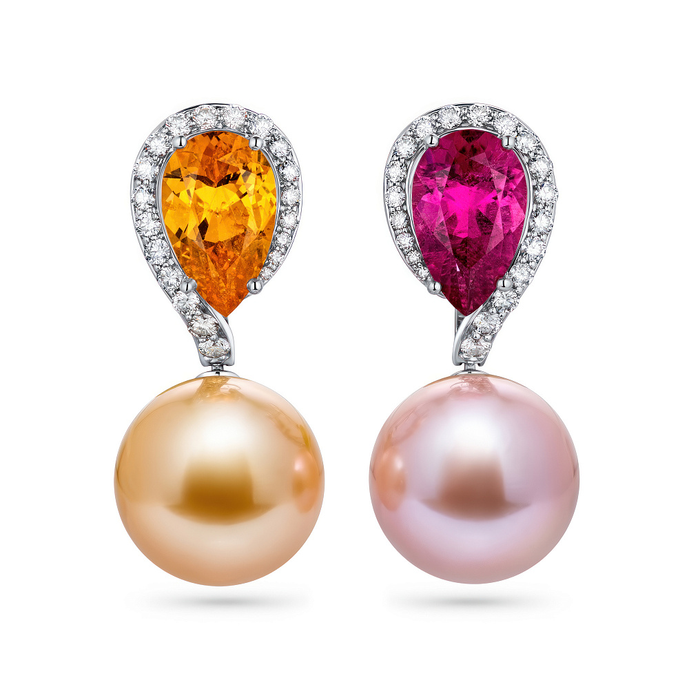 Earrings with spessartine, rubellite, diamonds, freshwater pearls and South Seas gold pearls картинка 1