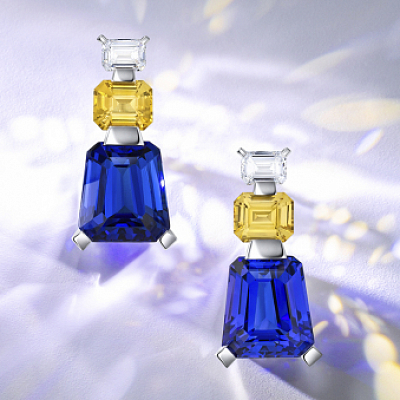Earrings with yellow sapphires, tanzanites, and diamonds