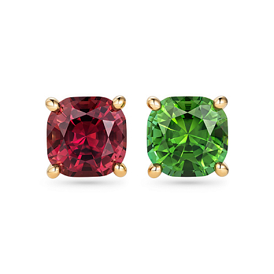 Stud earrings with green tourmaline and rubellite tourmaline