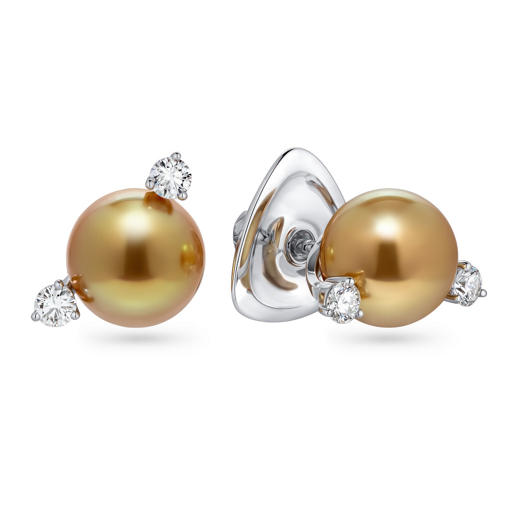 Stud earrings with golden South Sea pearls and diamonds картинка 2