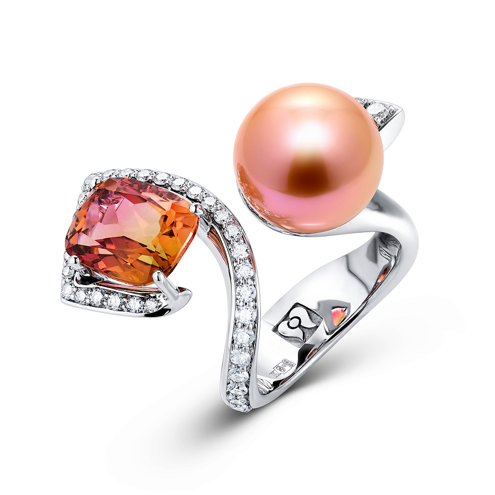 Ring with tourmaline, freshwater pearls and diamonds картинка 1