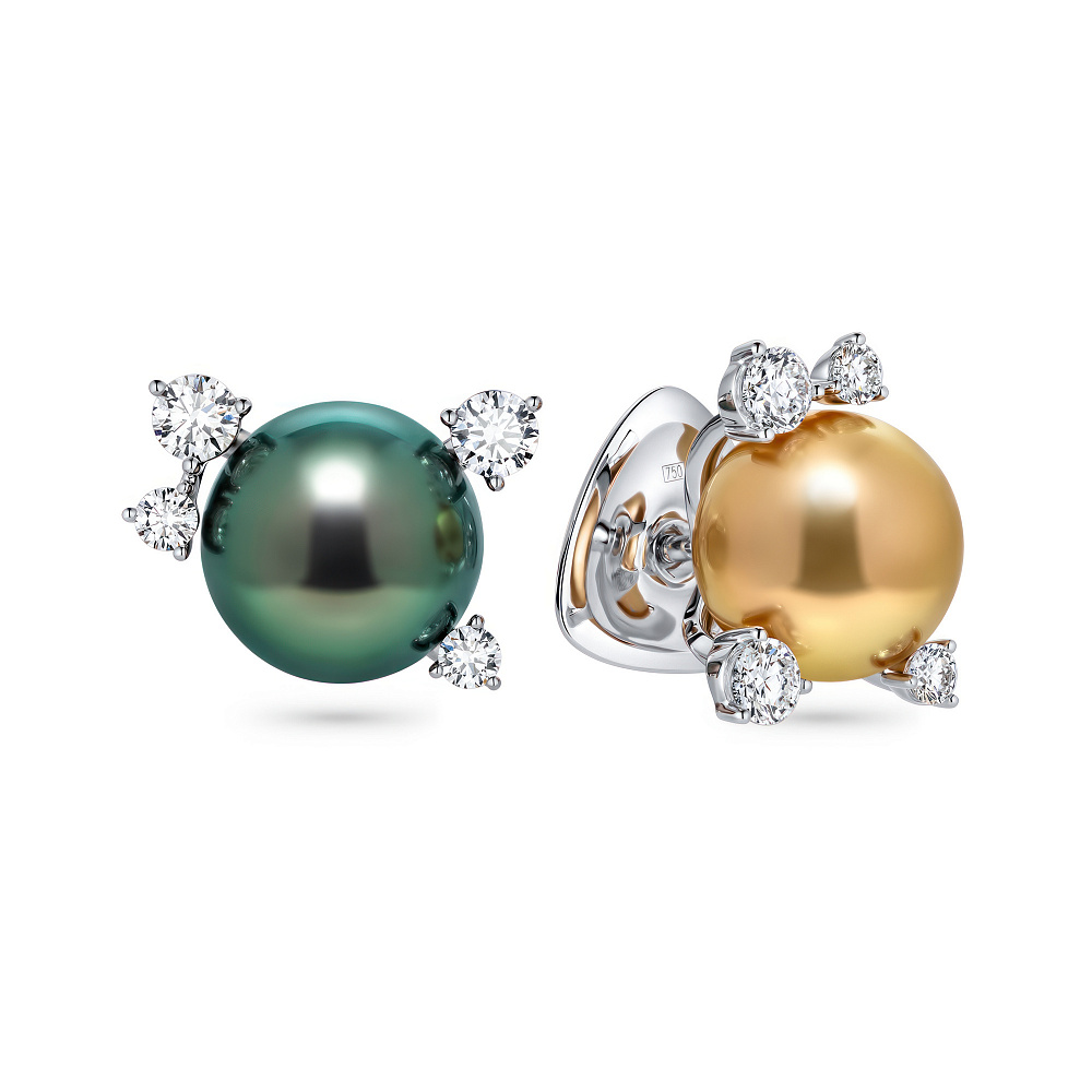 Stud earrings with golden South Sea pearls, Tahitian pearls, and diamonds картинка 2