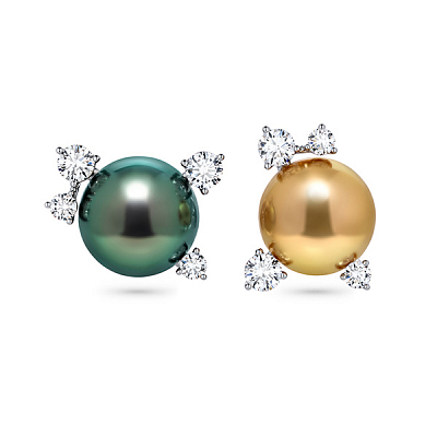 Stud earrings with golden South Sea pearls, Tahitian pearls, and diamonds