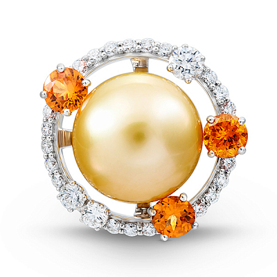 Ring with golden South Sea pearl, spessartite garnets, and diamonds