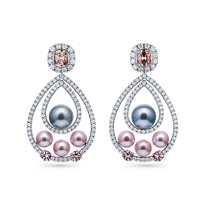 Earrings with Tahitian pearl, freshwater pearl, malaya garnets, and diamonds