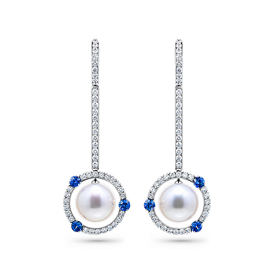 Earrings with South Sea pearls, blue sapphires, and diamonds