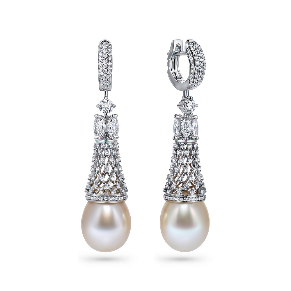 Earrings with Burmese champagne-colored pearls and diamonds картинка 2
