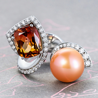 Ring with tourmaline, freshwater pearls and diamonds
