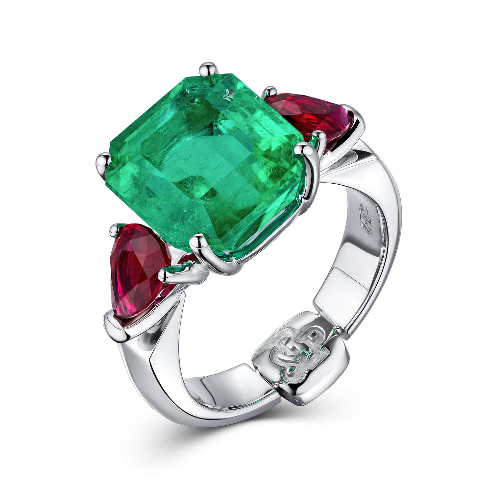 Ring with emerald, rubies, and diamonds картинка 1