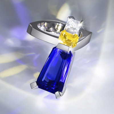Ring with a yellow sapphire, tanzanite, and diamond