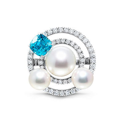 Ring with South Sea pearl, Cambodian zircon, and diamonds