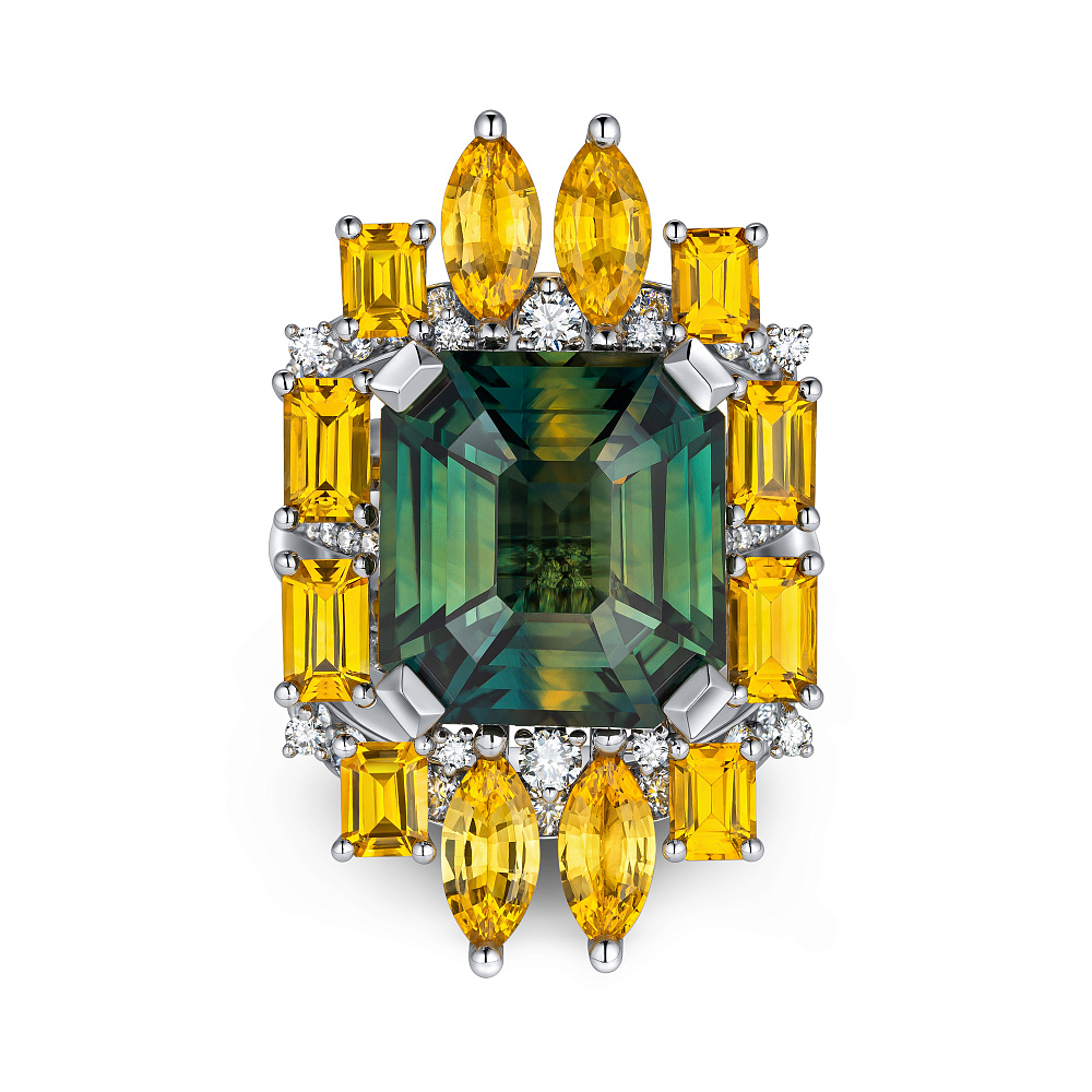 Ring with teal sapphires, yellow sapphires, and diamonds картинка 2